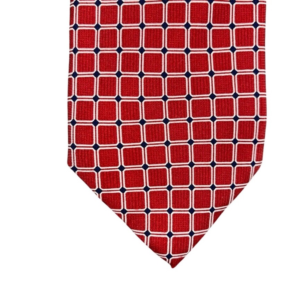 Chaps Mens Silk Necktie Red Geometric Square Pattern Hand Made Formal Tie